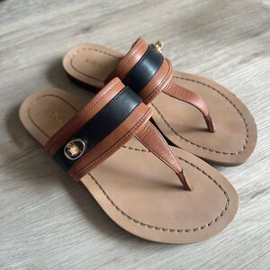 Coach Eileen Leather Sandals Size 6.5B Tan Black Gold Turn Lock Style A9423